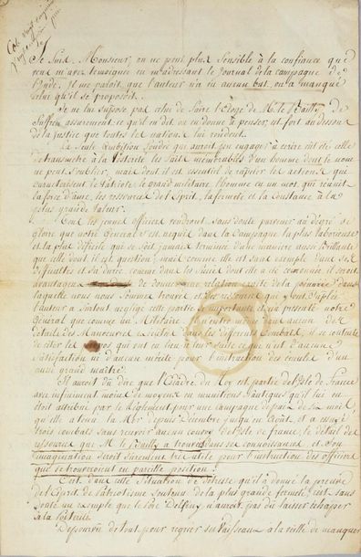 BOLLE D'ELMONT Louis-Marie (1742-1823) Letter signed "Bolle", addressed to a gentleman,...