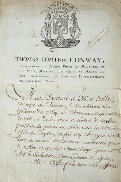 CONWAY, Thomas comte de (1734-1800) Pièce manuscrite sur papier à en-tête, signée...