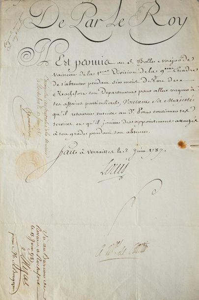 LOUIS XVI, roi de France (1754-1793) Pièce manuscrite sur papier. Lettre de congé...