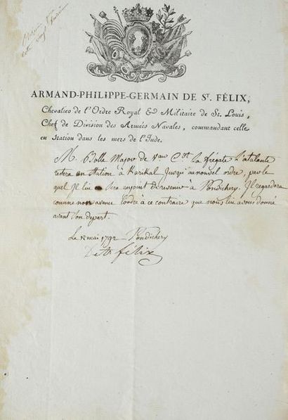 SAINT-FÉLIX Armand de (1737-1819) Handwritten piece signed "de St Felix", on letterheaded...