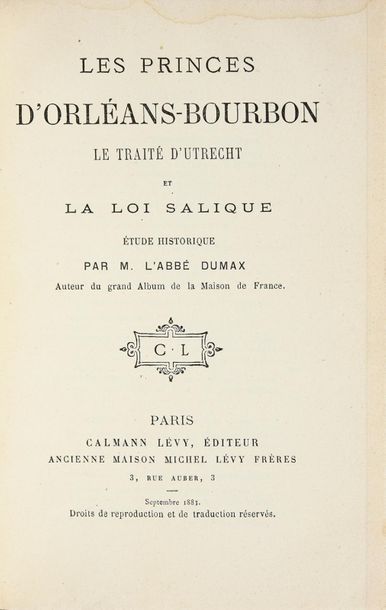null BIBLIOTHÈQUE DU COMTE DE PARIS.
Ensemble de cinq ouvrages: LEMOINE Édouard,...