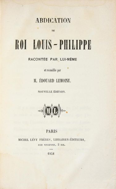 null BIBLIOTHÈQUE DU COMTE DE PARIS.
Ensemble de cinq ouvrages: LEMOINE Édouard,...