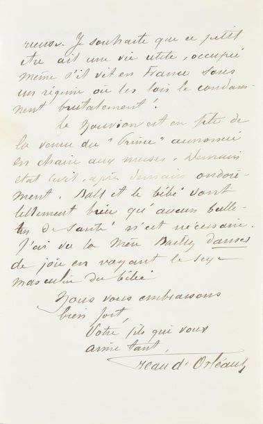 JEAN, duc de Guise (1874-1940) Très intéressante lettre historique dans laquelle...