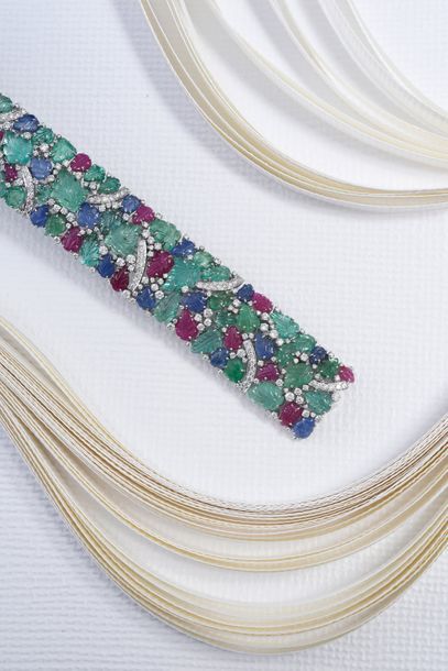 null Articulated Tutti frutti bracelet in 750° white gold, set with emeralds, rubies...