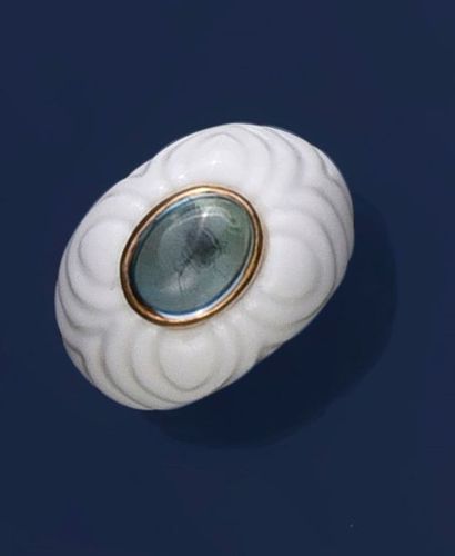 BULGARI Moulded white ceramic ring, Chandra model set with a cabochon cut topaz encircled...