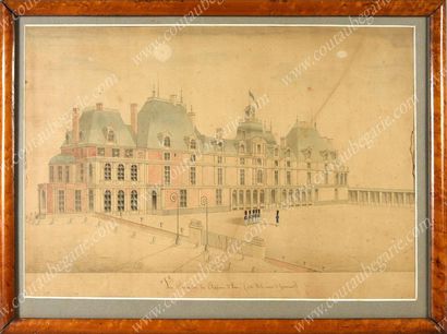 École Française du XIXe siècle 
Escouade de soldats manœuvrant devant le château...