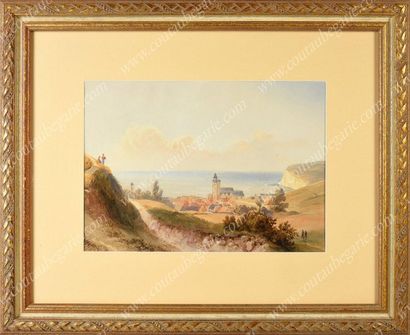 FORT Simon (1793-1861) 
Vue d'un village au bord de mer sur la côte normande.
Aquarelle...