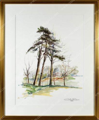 VAIRON M. 
View of the Montpensier Pavilion in Eu.
Watercolour, signed lower right...