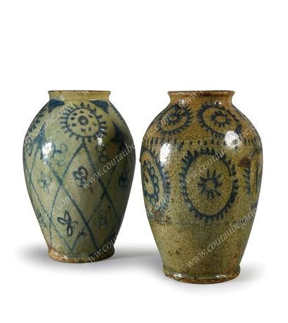 null SET OF TWO LARGE VASES. 
 Glazed ceramic baluster-shaped vases, painted with...
