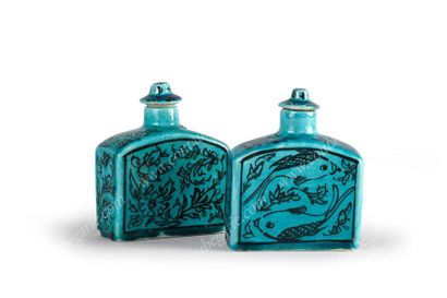 null PAIR OF SMALL JUGS. 
 Rectangular in shape, glazed ceramic, decorated with fish...
