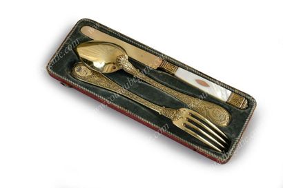null QUEEN DESIDERIA SUEDE GILT CUTLERY SET. 
 Set of three cutlery with the numeral...