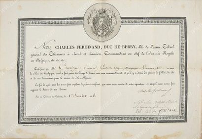 null BREVET DE SERVICE SIGNED
BY THE DUC DE BERRY.
Piece printed on watermarked laid...