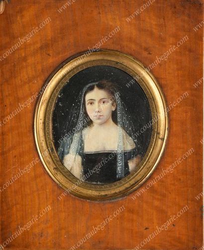 École Française du XIXe siècle 
Portrait of a young woman with a lace veil on her...