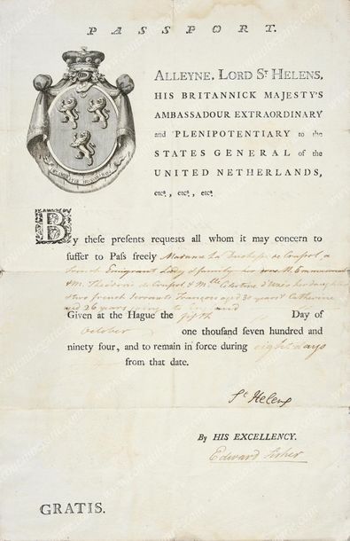 null PASSPORT OF THE DUCHESS OF CRUSSOL. 
 Printed on watermarked laid paper, with...