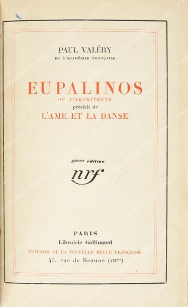 VALERY Paul Eupalinos ou l'architecte précédé de L'Âme et la Danse, published by...