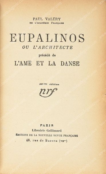 VALERY Paul Eupalinos ou l'architecte précédé de L'Âme et la Danse, published by...