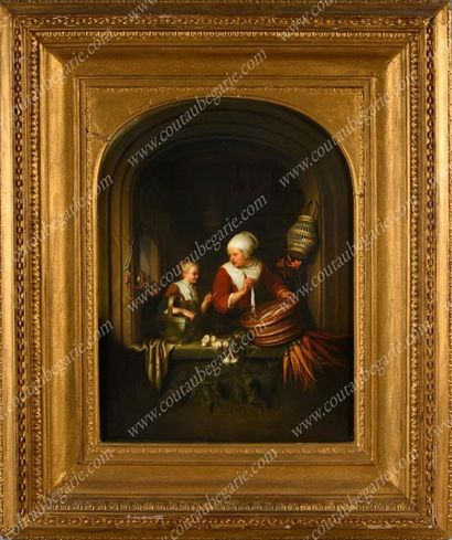 ÉCOLE ALLEMANDE DU XIXe SIÈCLE. D'APRÈS GÉRARD DOU (1613-1675) 
La vendeuse de harengs.
Grande...