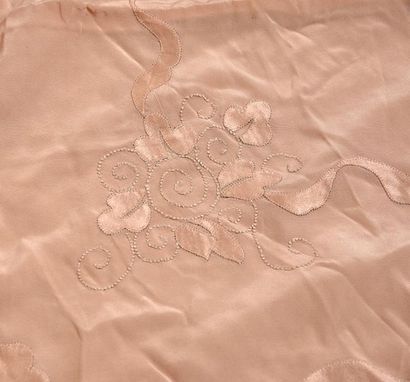 null Embroidered bed linen set, circa 1930, pink crepe de Chine top and bottom sheet,...