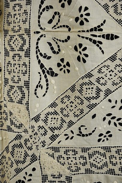 null Embroidered bedspread, early 20th century, Bis linen canvas with floral decoration...