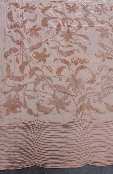 null Embroidered bedspread, circa 1938, pink silk satin embroidered in tone-on-tone...