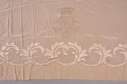 null Combination of parts of bed ornaments, around 1938, crepe of pink silk embroidered...