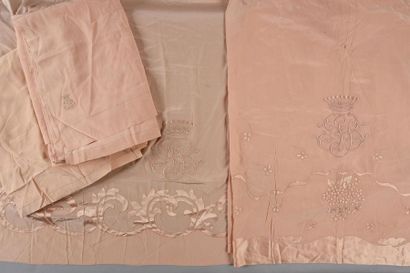 null Combination of parts of bed ornaments, around 1938, crepe of pink silk embroidered...
