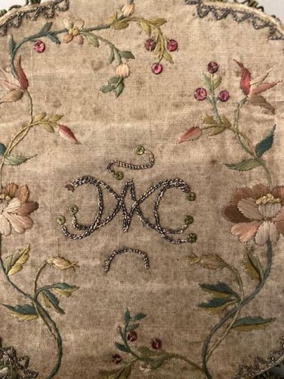 null Two embroidered works to be suspended, 18th century, satin stoup padded and...