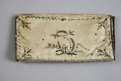 null Embroidered pouch, late 18th century, cream silk satin embroidered polychrome...