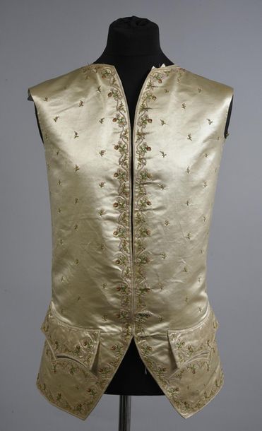 null Basque waistcoat, circa 1760, cream silk satin embroidered with polychrome silk...