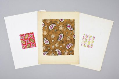 null Set of fabric models for fashion, mainly around 1970, gouache, ink and pencil...
