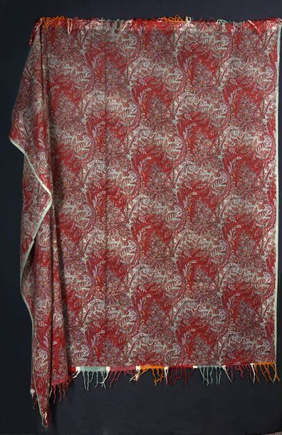 null Châle carré imprimé à décor cachemire, vers 1840-1850, sergé de laine imprimé...