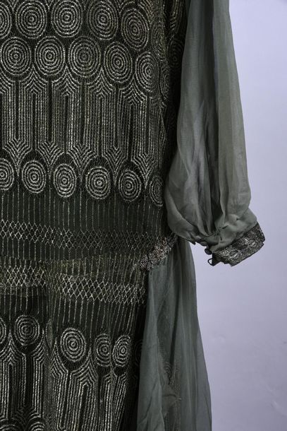 null Evening gown, circa 1920-1925, Calais-style mechanical lace dress in green and...