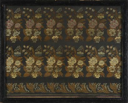 null Two richly framed lampas, circa 1830, fashioned in polychrome silk, black satin...