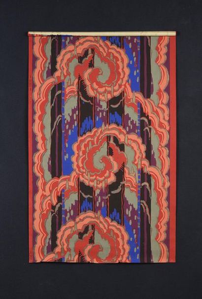 null Two sets of wallpaper, circa 1920-1930, one set of scrolls with floral basket...