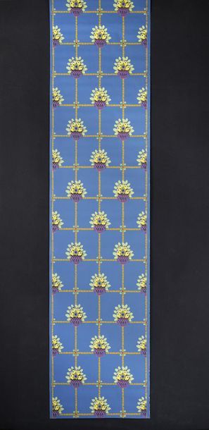 null Two sets of wallpaper, circa 1920-1930, one set of scrolls with floral basket...