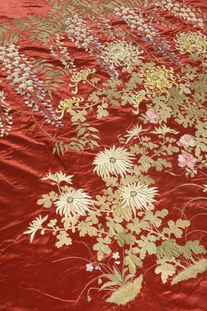 null Embroidered hanging, Indochina, circa 1920, red currant silk satin embroidered...