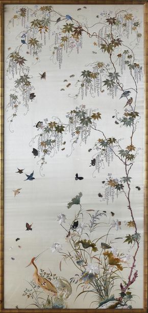 null Two large embroidered panels, Japan, circa 1900, vividly embroidered cream silk...