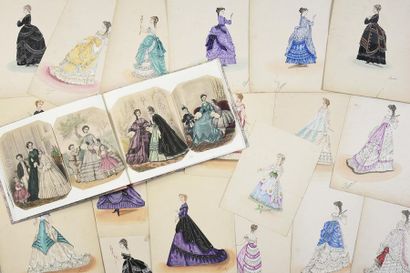 null Meeting of fashion prints and gouache projects, 80 fashion prints from different...