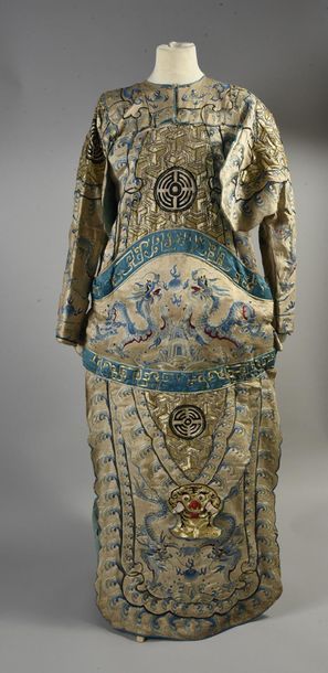 null Theatre dress, China, early 20th century, cream satin with opulent embroidery...