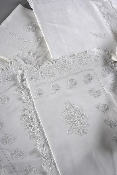 null Pair of sumptuously embroidered monogrammed pillowcases, circa 1900, in linen...