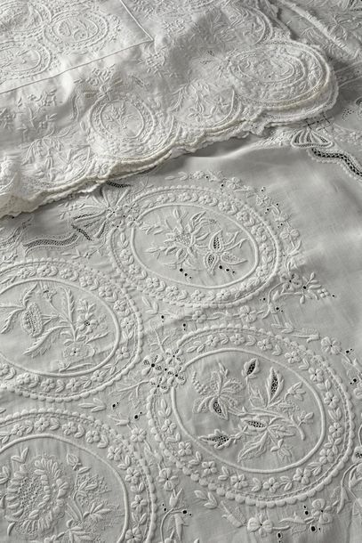 null Embroidered individual bed linen set, sheet and pillowcase, circa 1900, linen,...