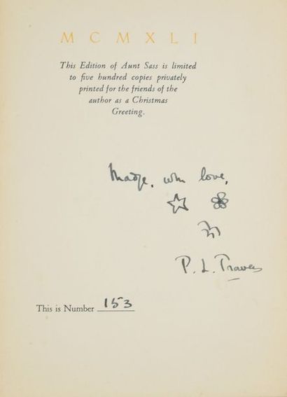 null TRAVERS Pamela L. (1899-1996).

Book bearing the autograph signature and dedication...