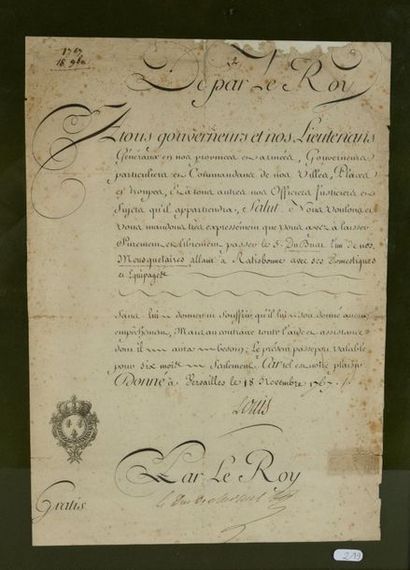 null LOUIS XV, King of France (1740-1774).

Autograph signed Louis, countersigned...