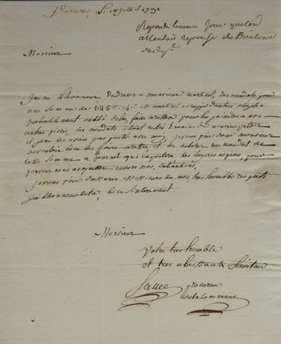 null SAUCE Jean-Baptiste (1755-1825).

Lettre autographe signée Sauce [procureur...