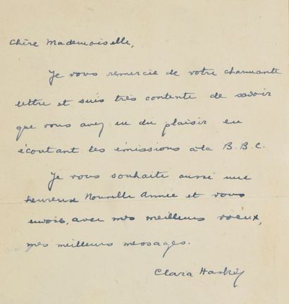 null HASKIL Clara (1895-1960). 

Autograph letter signed by the pianist " Dear Miss,...