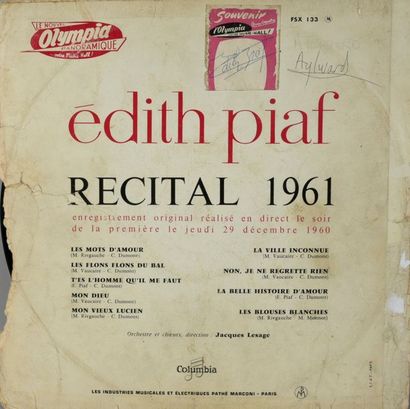 null PIAF Edith (1915-1963).

Album cover of a 1961 recital bearing the famous singer's...