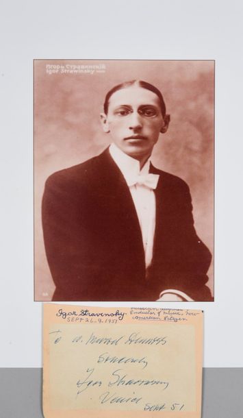 null STRAVINSKY Igor (1882-1971). 

Autograph signed and dedicated "To Muriel Denniss....