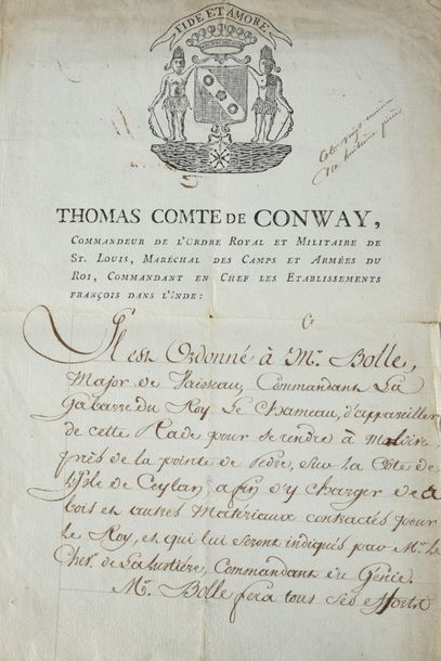 null CONWAY, Thomas Count of (1734-1800).

Manuscript on letterhead paper, signed...