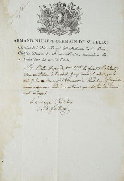null SAINT-FELIX Armand de (1737-1819).

Pièce manuscrite signée « de St Felix »,...