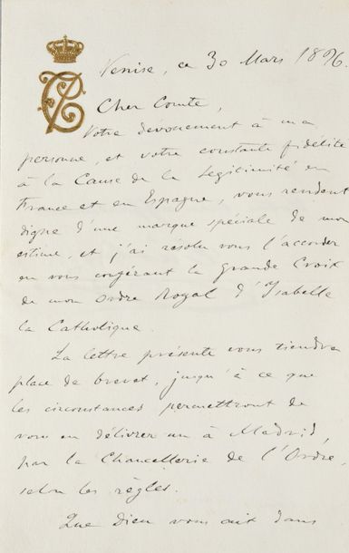 null CHARLES VII, Prince of Bourbon, Infantry of Spain (1848-1909).

Handwritten...